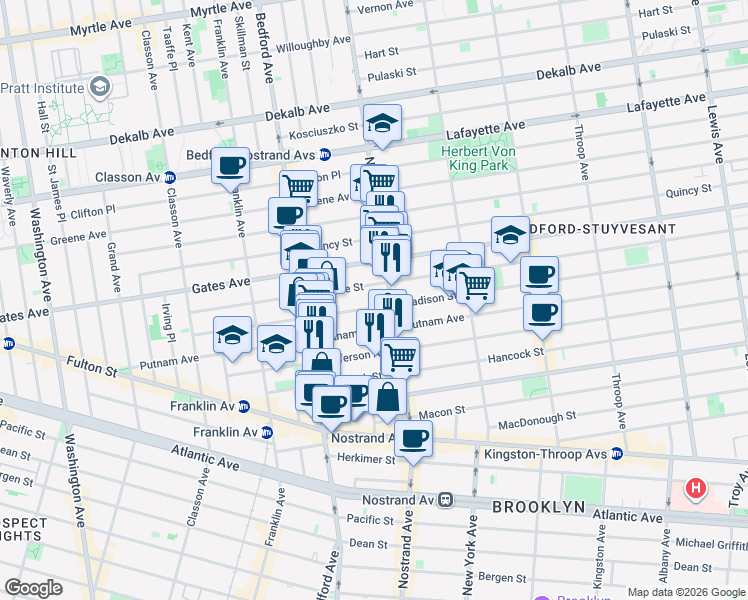 map of restaurants, bars, coffee shops, grocery stores, and more near 192 Madison Street in Brooklyn