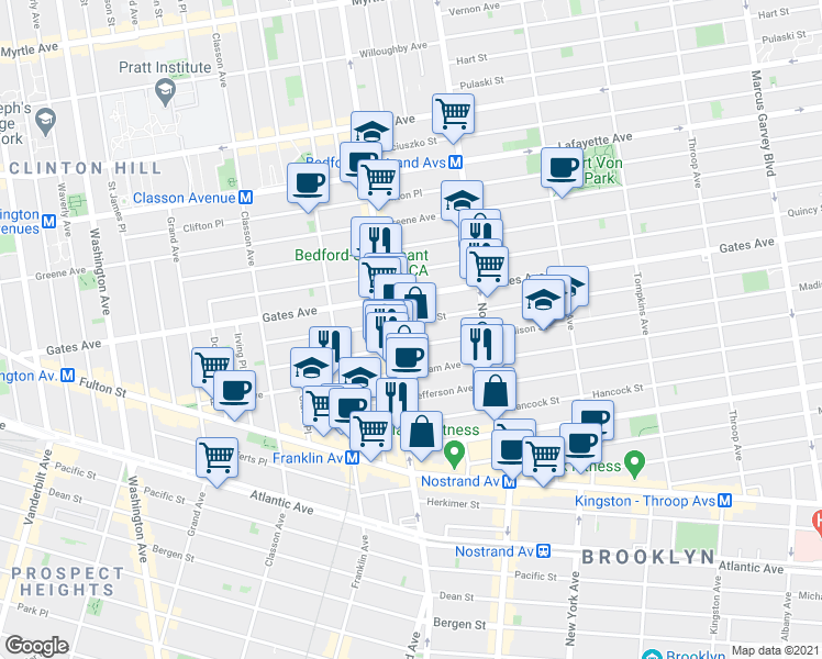 map of restaurants, bars, coffee shops, grocery stores, and more near 149 Madison Street in Brooklyn