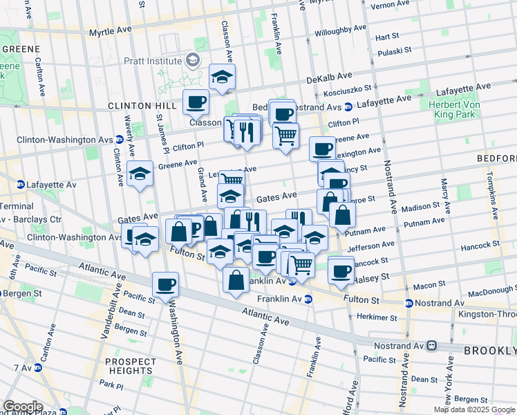 map of restaurants, bars, coffee shops, grocery stores, and more near 3 Monroe Street in Brooklyn