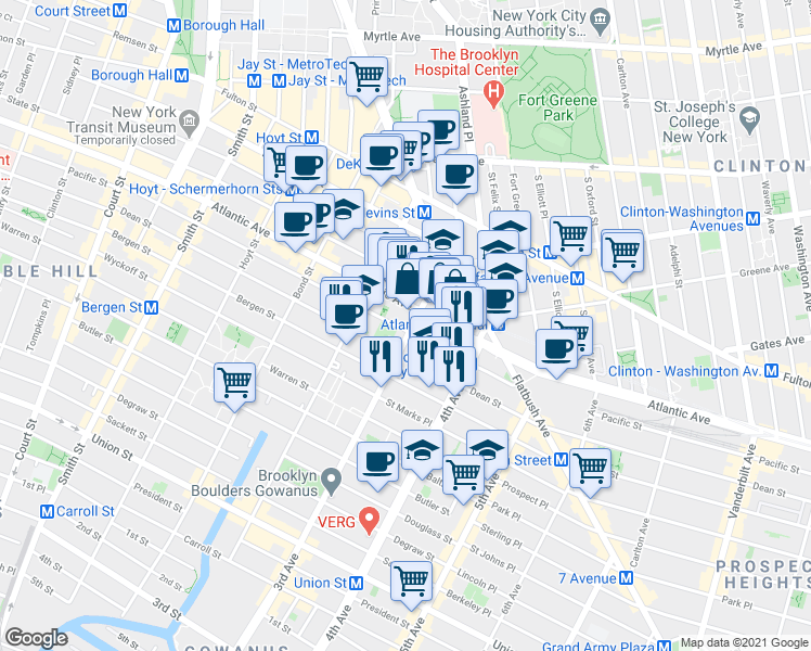map of restaurants, bars, coffee shops, grocery stores, and more near 490 Pacific Street in Brooklyn