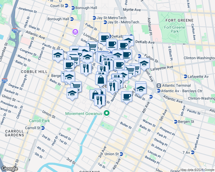 map of restaurants, bars, coffee shops, grocery stores, and more near 163 Bond Street in Brooklyn