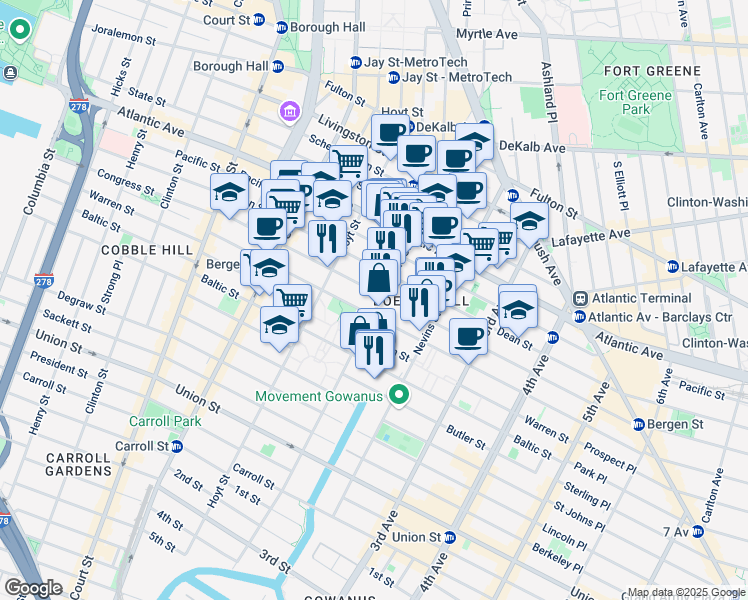 map of restaurants, bars, coffee shops, grocery stores, and more near 207 Wyckoff Street in Brooklyn