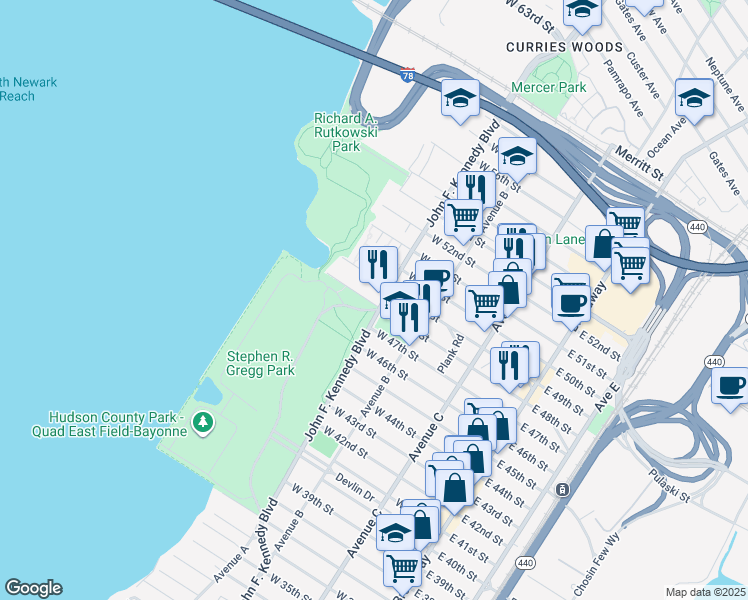 map of restaurants, bars, coffee shops, grocery stores, and more near 1111-3 Boulevard Plaza in Bayonne