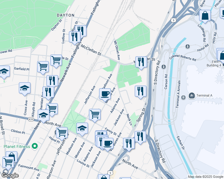 map of restaurants, bars, coffee shops, grocery stores, and more near 1074 Neck Lane in Elizabeth
