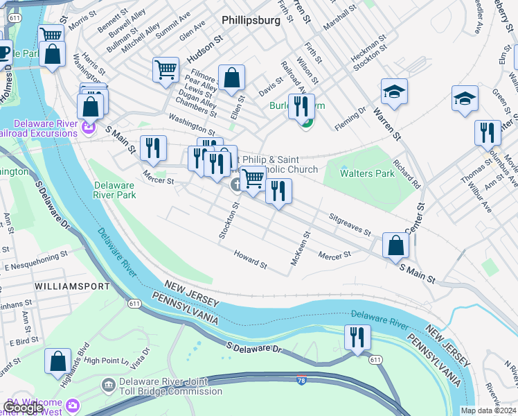 map of restaurants, bars, coffee shops, grocery stores, and more near 81 Jefferson Street in Phillipsburg