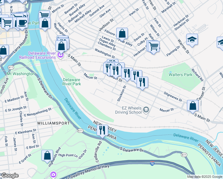 map of restaurants, bars, coffee shops, grocery stores, and more near 130 Mercer Street in Phillipsburg