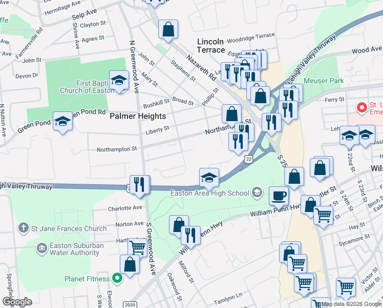map of restaurants, bars, coffee shops, grocery stores, and more near 150 South Kathryn Street in Easton