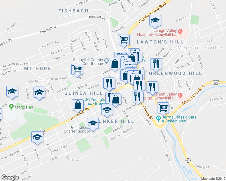 map of restaurants, bars, coffee shops, grocery stores, and more near 501 West Market Street in Pottsville