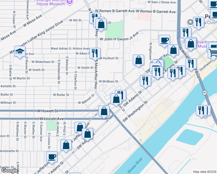 map of restaurants, bars, coffee shops, grocery stores, and more near 1228 Southwest Saint Martin Drive in Peoria