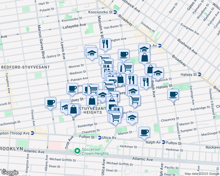 map of restaurants, bars, coffee shops, grocery stores, and more near Malcolm X Blvd & Hancock St in Brooklyn