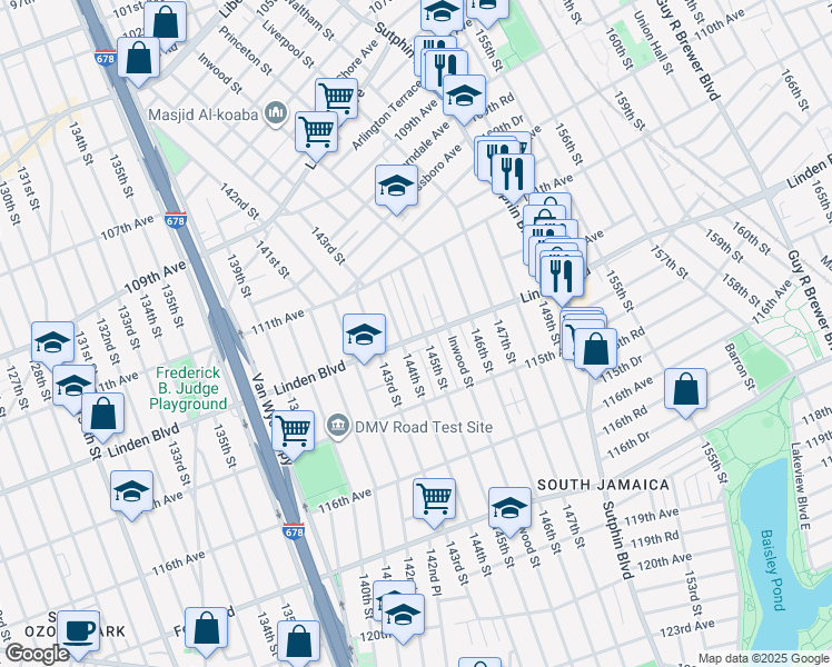 map of restaurants, bars, coffee shops, grocery stores, and more near 114-04 144th Street in Queens