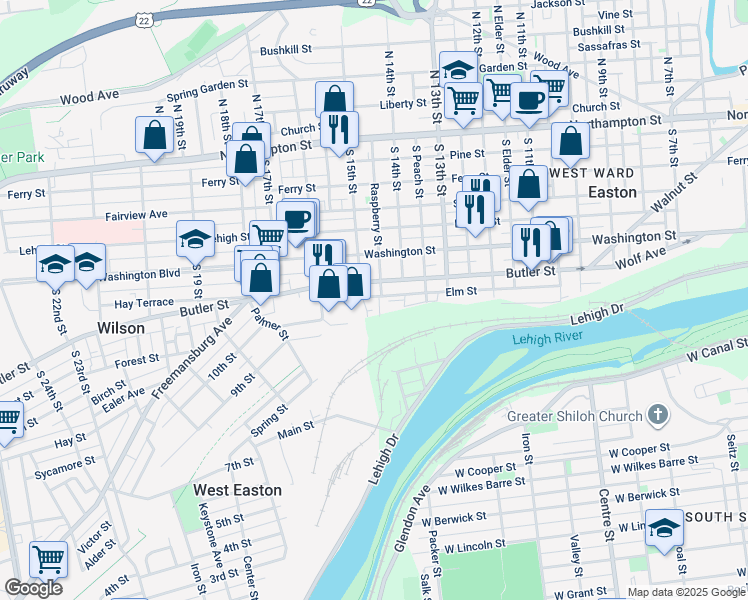 map of restaurants, bars, coffee shops, grocery stores, and more near 1440 Elm Street in Easton