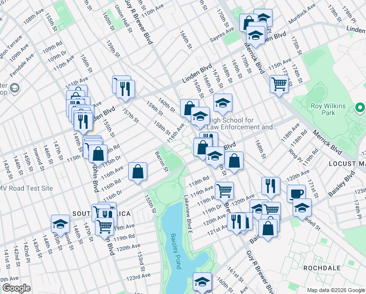 map of restaurants, bars, coffee shops, grocery stores, and more near 116-51 157th Street in Queens