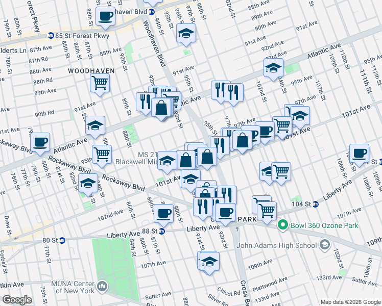 map of restaurants, bars, coffee shops, grocery stores, and more near 97-34 93rd Street in Queens