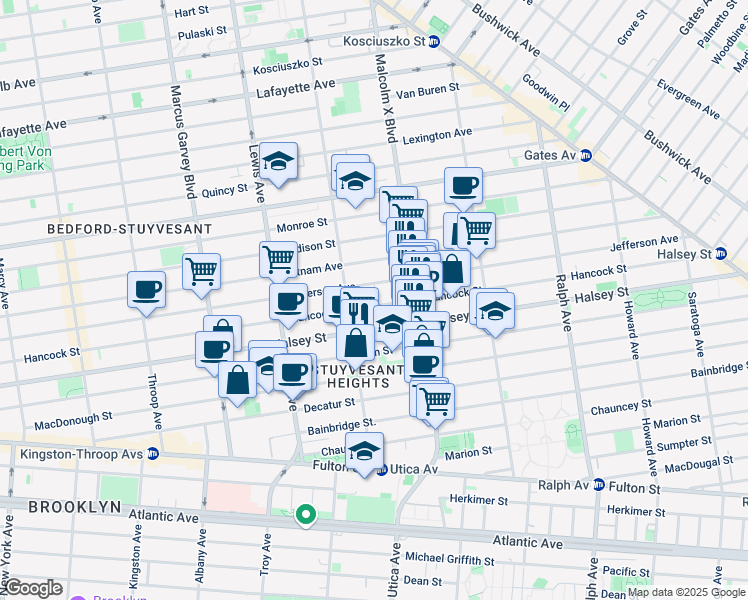 map of restaurants, bars, coffee shops, grocery stores, and more near 576 Hancock Street in Brooklyn