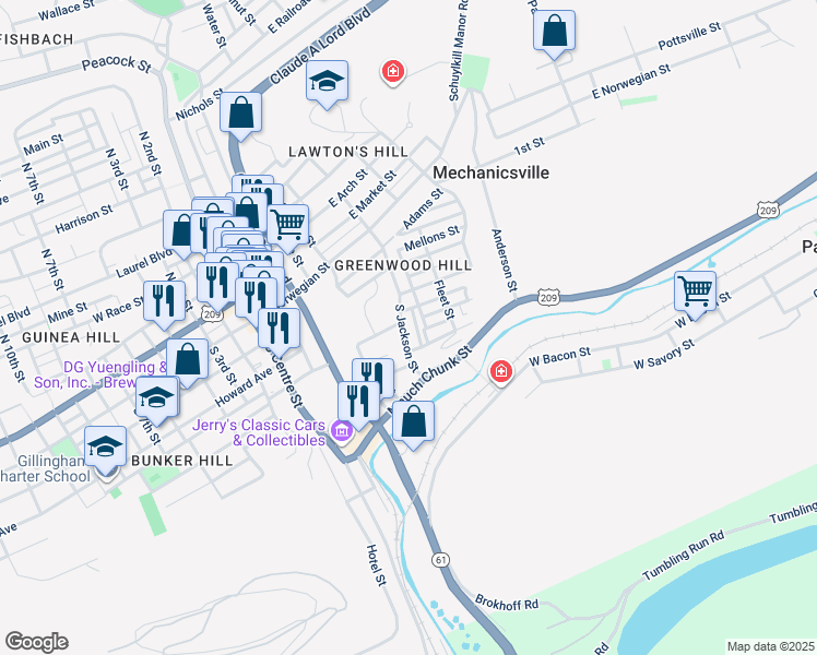 map of restaurants, bars, coffee shops, grocery stores, and more near 316 South Jackson Street in Pottsville