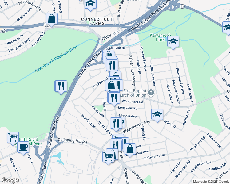 map of restaurants, bars, coffee shops, grocery stores, and more near 516 County Route 619 in Union