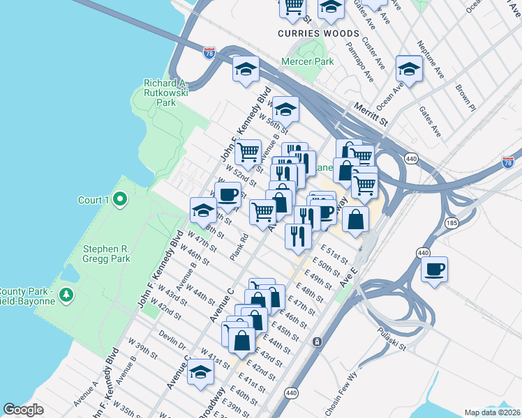 map of restaurants, bars, coffee shops, grocery stores, and more near in Bayonne