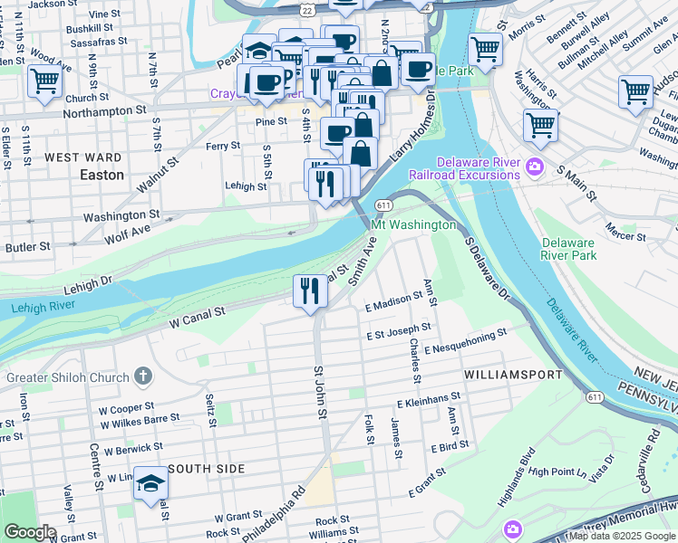 map of restaurants, bars, coffee shops, grocery stores, and more near 166 West Canal Street in Easton