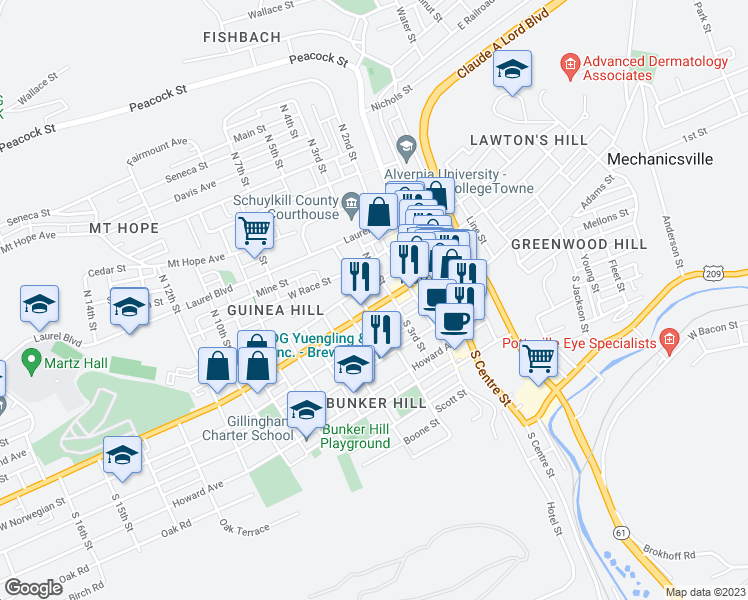 map of restaurants, bars, coffee shops, grocery stores, and more near 318 West Market Street in Pottsville