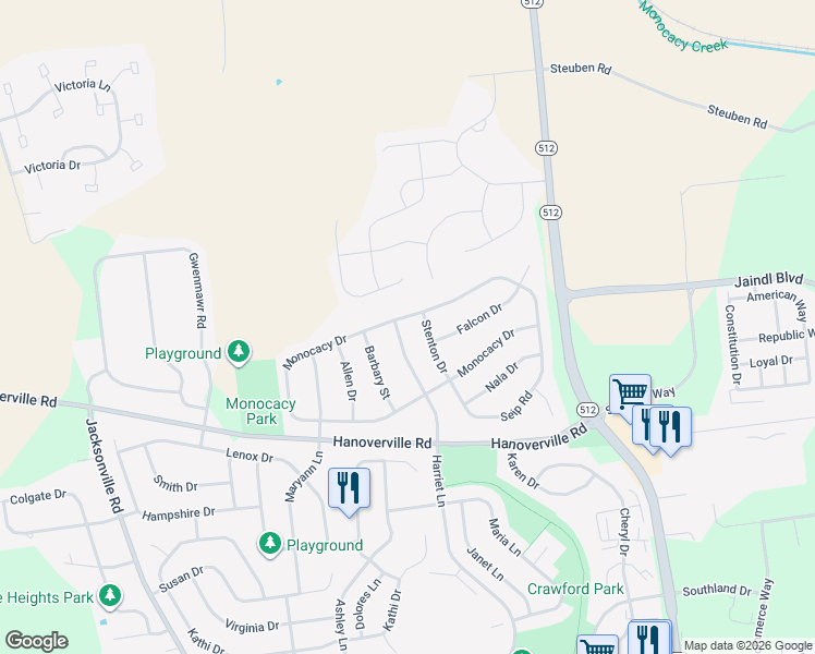 map of restaurants, bars, coffee shops, grocery stores, and more near 5225 Harriet Lane in Bethlehem