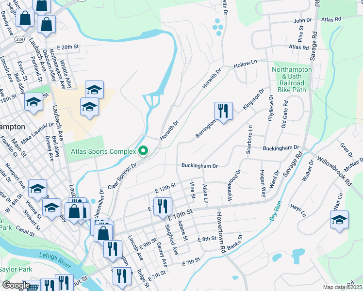 map of restaurants, bars, coffee shops, grocery stores, and more near 1301 Barrington Drive in Northampton