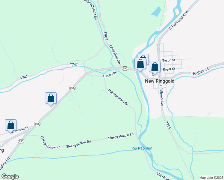 map of restaurants, bars, coffee shops, grocery stores, and more near Mill Mountain Road in New Ringgold