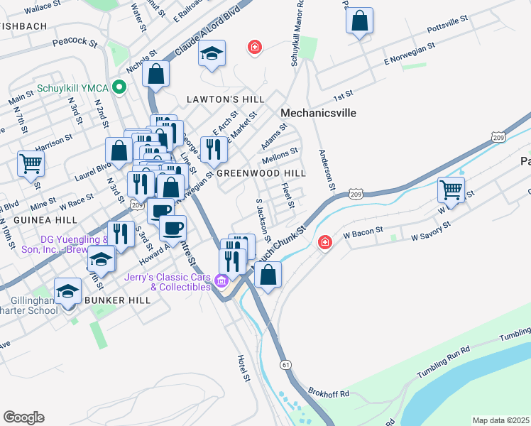 map of restaurants, bars, coffee shops, grocery stores, and more near 316 South Jackson Street in Pottsville