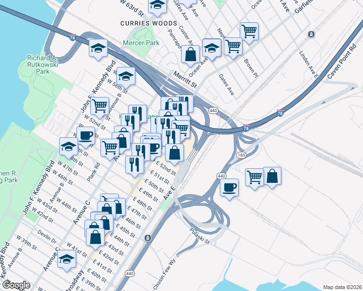 map of restaurants, bars, coffee shops, grocery stores, and more near 2 Garfield Avenue in Jersey City