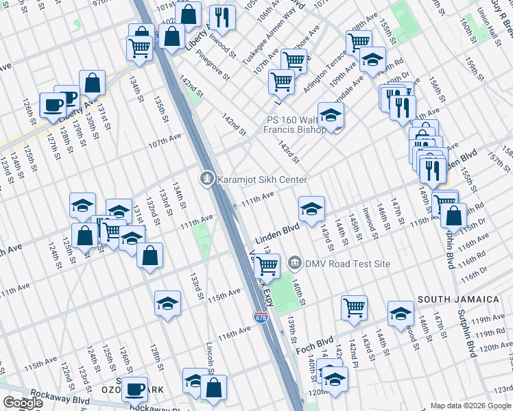 map of restaurants, bars, coffee shops, grocery stores, and more near 111-23 139th Street in Queens