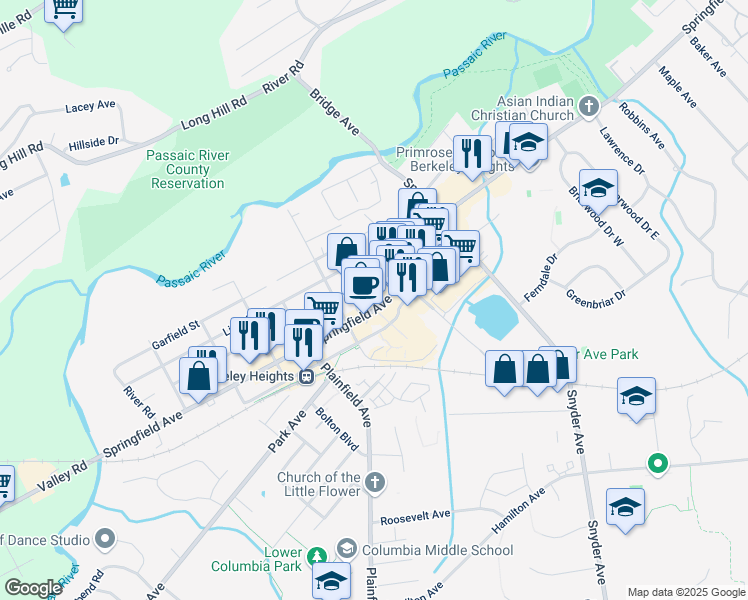 map of restaurants, bars, coffee shops, grocery stores, and more near 465 Springfield Avenue in Berkeley Heights