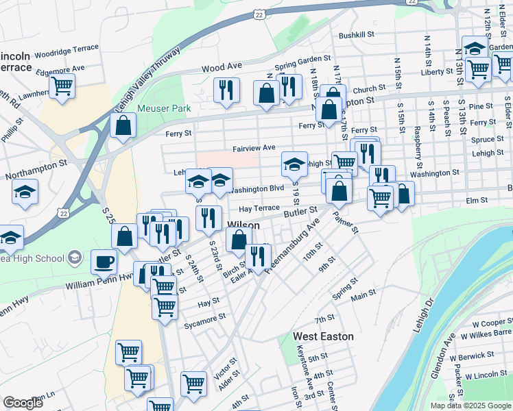 map of restaurants, bars, coffee shops, grocery stores, and more near in Wilson