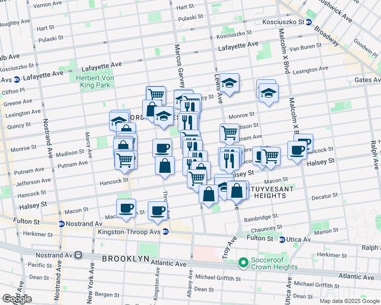 map of restaurants, bars, coffee shops, grocery stores, and more near 354 Marcus Garvey Boulevard in Brooklyn