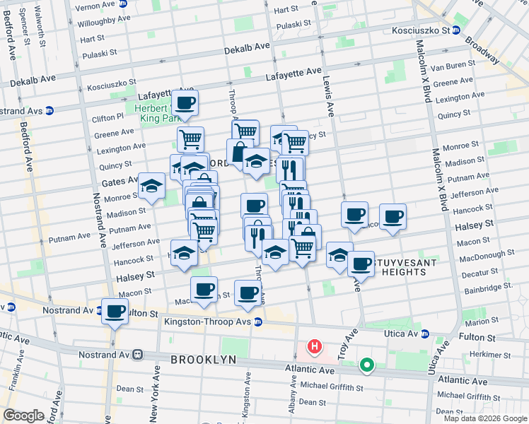 map of restaurants, bars, coffee shops, grocery stores, and more near 524 Putnam Avenue in Brooklyn
