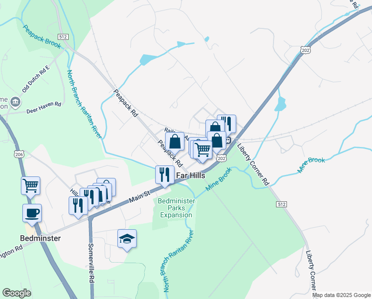 map of restaurants, bars, coffee shops, grocery stores, and more near 11 Dumont Road in Far Hills