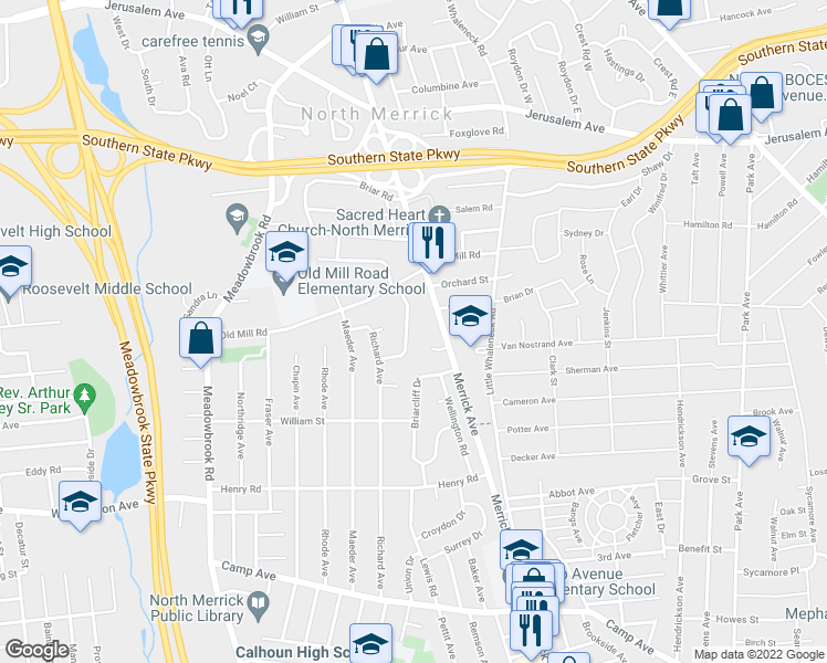 map of restaurants, bars, coffee shops, grocery stores, and more near 1414 Manor Court in Merrick