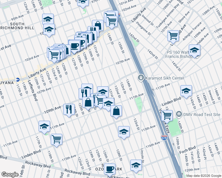 map of restaurants, bars, coffee shops, grocery stores, and more near 109-27 131st Street in Queens