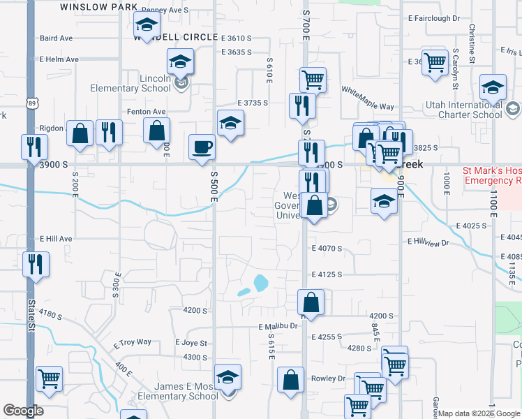 map of restaurants, bars, coffee shops, grocery stores, and more near 600 East 3990 South in Millcreek