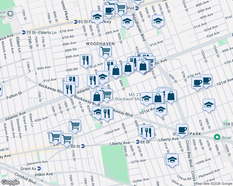map of restaurants, bars, coffee shops, grocery stores, and more near 95-22 87th Street in Queens