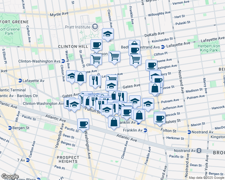 map of restaurants, bars, coffee shops, grocery stores, and more near 170 Gates Avenue in Brooklyn