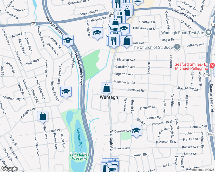 map of restaurants, bars, coffee shops, grocery stores, and more near 1520 Wantagh Avenue in Wantagh