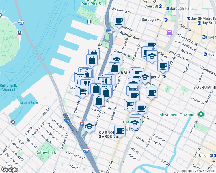 map of restaurants, bars, coffee shops, grocery stores, and more near 492 Henry Street in Brooklyn