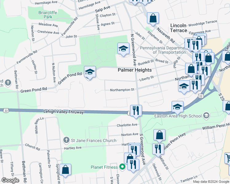 map of restaurants, bars, coffee shops, grocery stores, and more near 2904 Northampton Street in Easton