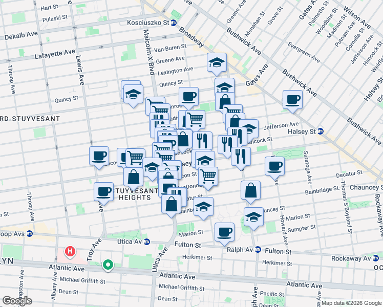map of restaurants, bars, coffee shops, grocery stores, and more near 704 Hancock Street in Brooklyn