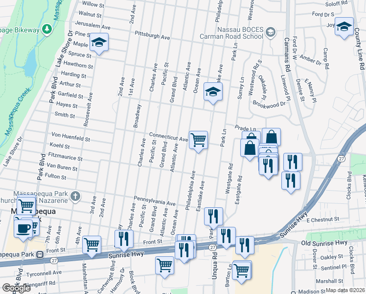map of restaurants, bars, coffee shops, grocery stores, and more near 124 Philadelphia Avenue in Massapequa Park