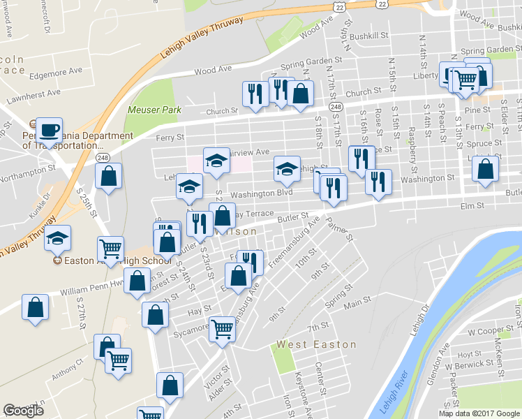 map of restaurants, bars, coffee shops, grocery stores, and more near 1945 Hay Terrace in Easton
