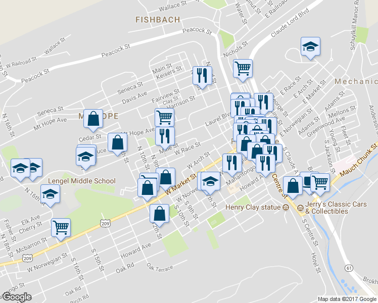 map of restaurants, bars, coffee shops, grocery stores, and more near 603 West Race Street in Pottsville