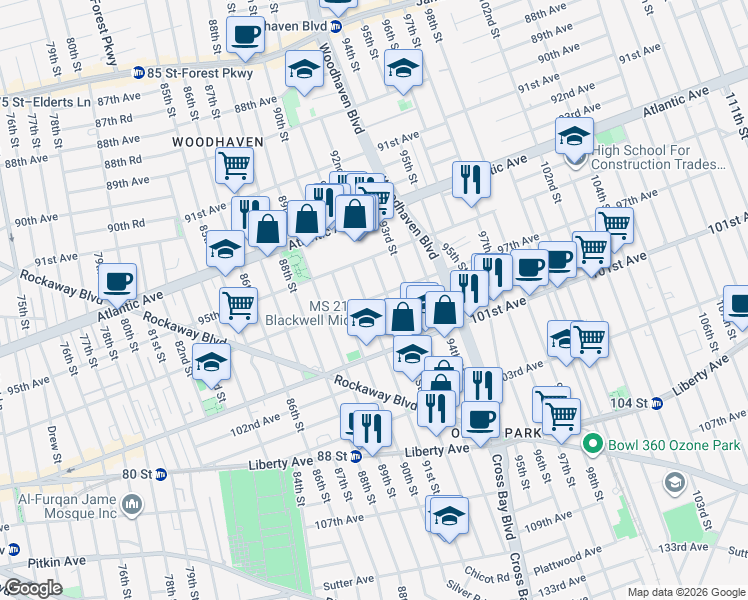 map of restaurants, bars, coffee shops, grocery stores, and more near 97-22 92nd Street in Queens