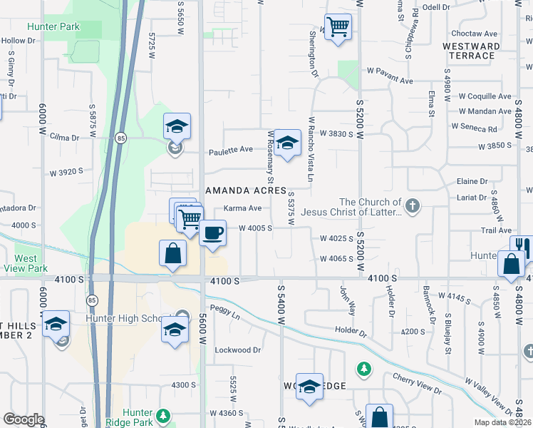 map of restaurants, bars, coffee shops, grocery stores, and more near 5466 Janette Avenue in West Valley City