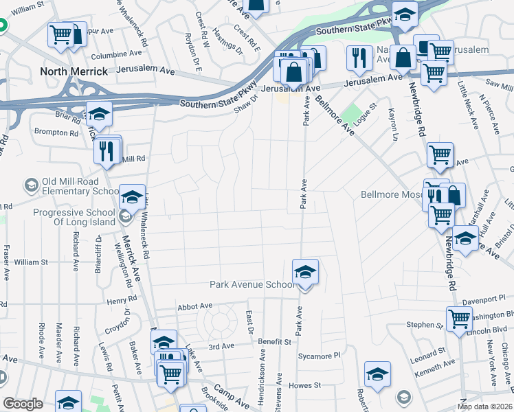 map of restaurants, bars, coffee shops, grocery stores, and more near 75 Van Nostrand Avenue in Merrick